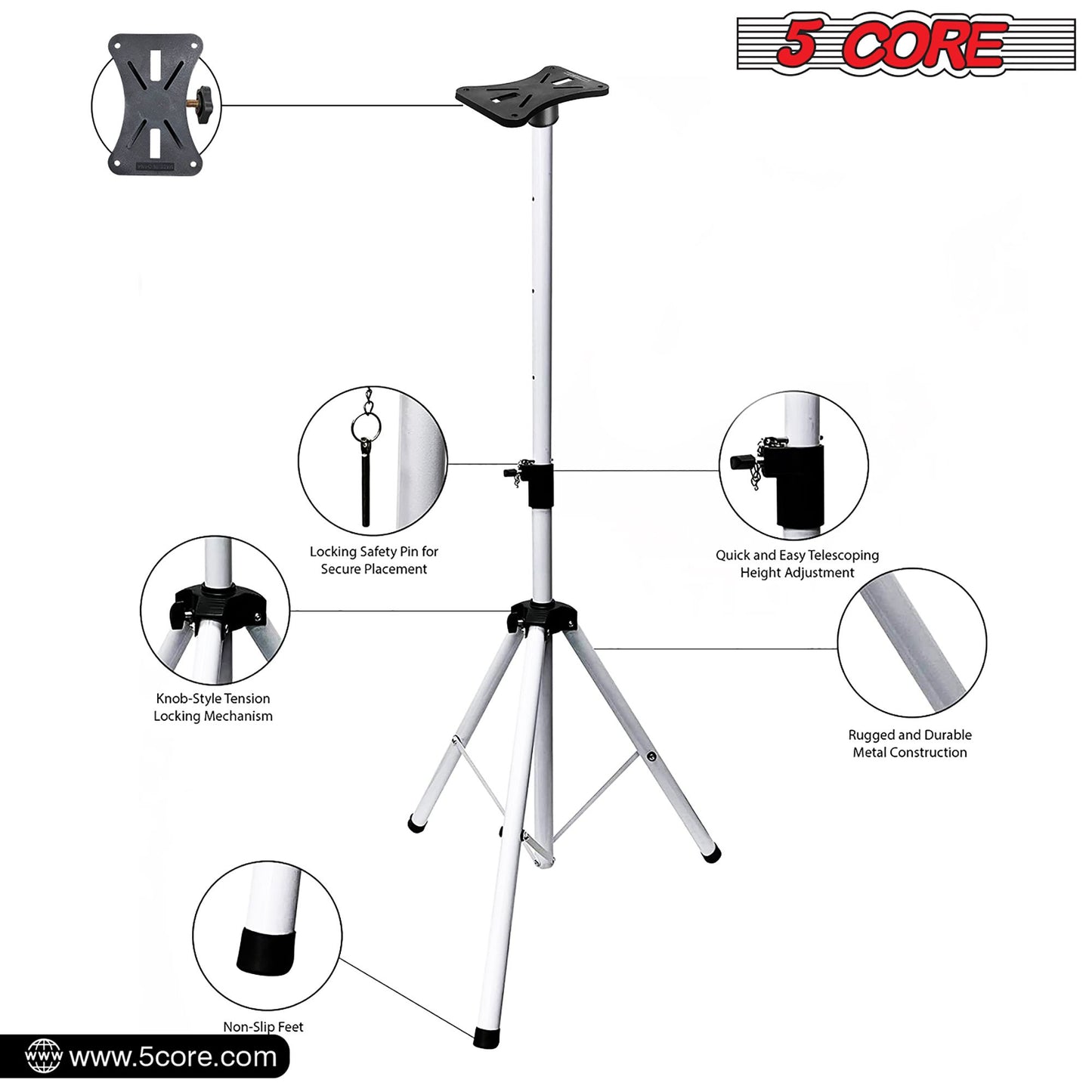 5 Core Speaker Stand Tripod Floor Tall Adjustable Up to 72 Inch DJ Studio Monitor Stands Pole Mount - SS ECO 1PK WOB