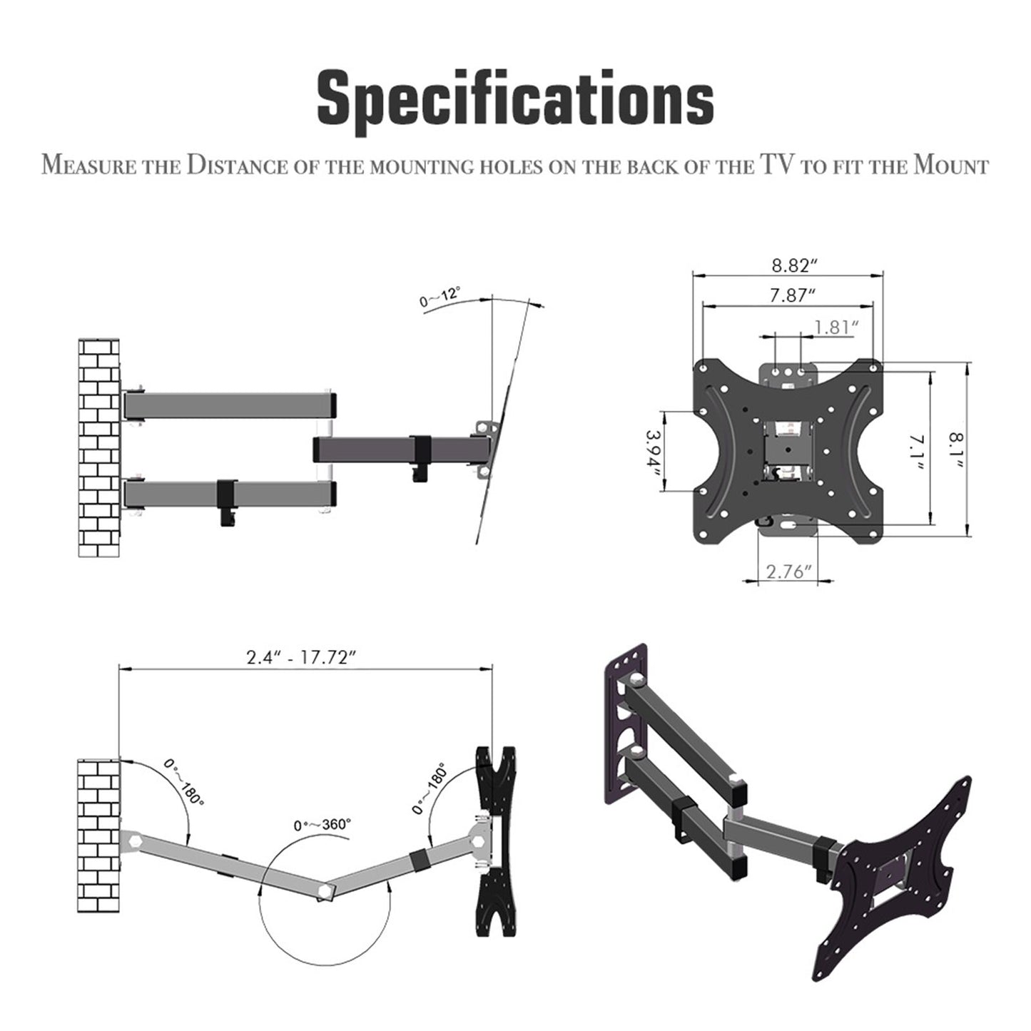 26-55" Adjustable Wall Mount Bracket Rotatable TV Stand TMX200 with Spirit Level