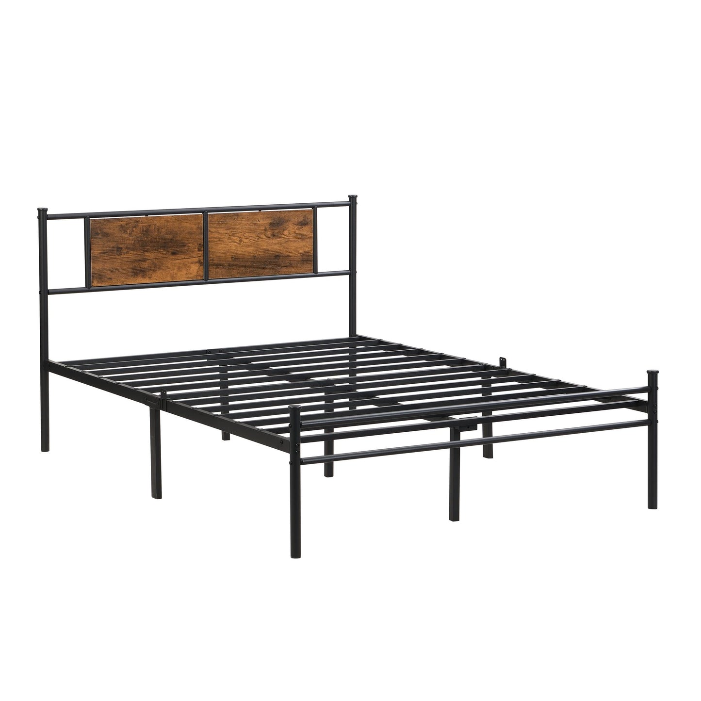 King Size metal bedframe, Headboard with wood panel decoration, black