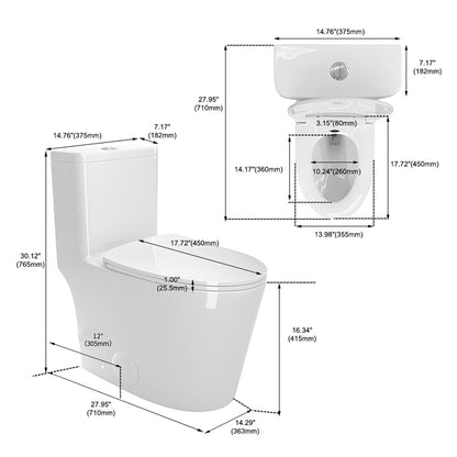 1.1/1.6 GPF Elongated Comfort Height Floor Mounted One-Piece Toilet,  CUPC Certified, Water Sense Cetified, Ceramic, White Color, Soft Close Seat