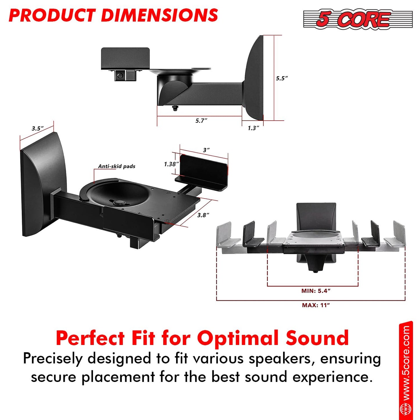 5 CORE Speaker Wall Mount Adjustable Shelf Holder Swivel 180 Degree Bookshelf Brackets - 11 Inch Space for Speakers Pair Holds Upto - 55lbs - WST 04-11 Pair