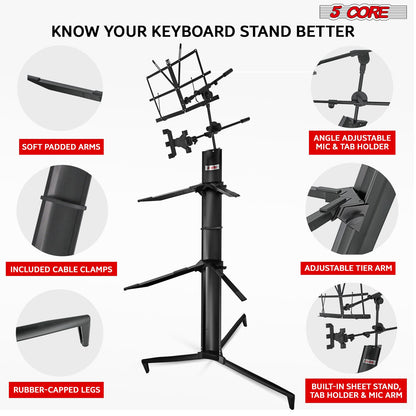 5 CORE 2 Tier Heavy Duty Multi Functional Portable Music Stand Digital Keyboard Stand Extension Adapter Telescopic Arm Mic Stand Height with Adjustment Bag Included - KS C 2TD BLK AL