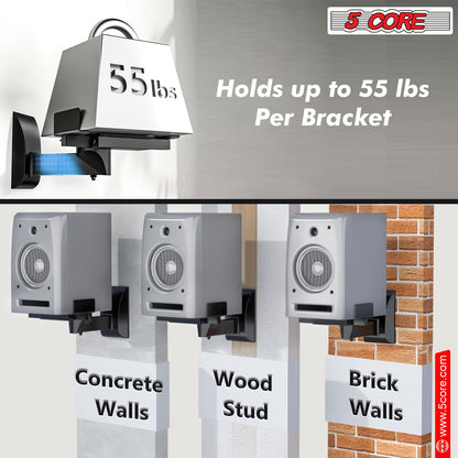 5 CORE Speaker Wall Mount Adjustable Shelf Holder Swivel 180 Degree Bookshelf Brackets - 11 Inch Space for Speakers Pair Holds Upto - 55lbs - WST 04-11 Pair