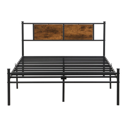 King Size metal bedframe, Headboard with wood panel decoration, black