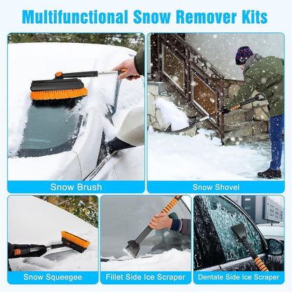 5-in-1 extensible snow broom, car snow brush and snow shovel kit, with car windshield ice scraper, with scraper, foam grip, 270 ° rotary snow brush head and snow shovel for car truck SUV