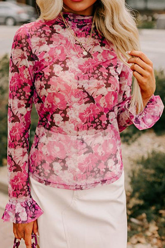 Floral Turtleneck Flounce Sleeve Blouse