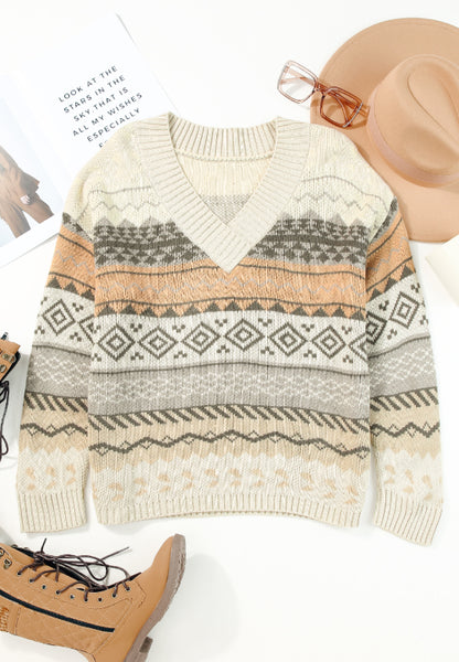 Geometric V-Neck Dropped Shoulder Sweater